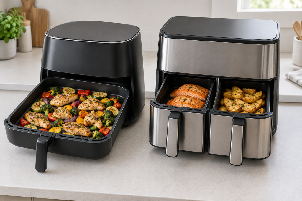 A wide air fryer basket with food spaced apart beside a dual-drawer air fryer