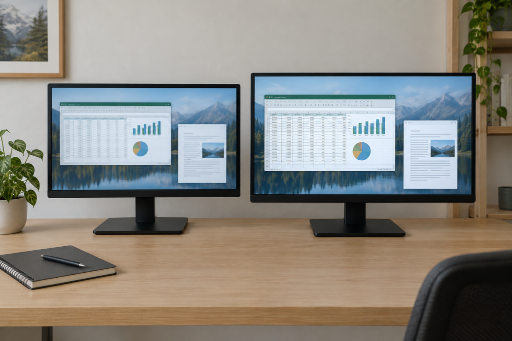 A 24-inch 1080p monitor beside a 27-inch QHD monitor on a home-office desk