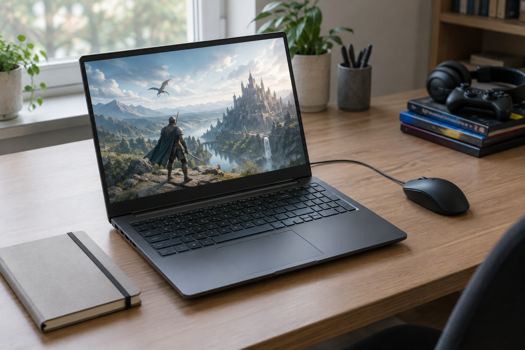 Gaming laptop on a desk displaying a game