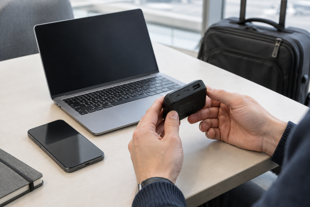 A traveler looks at a power bank's capacity label and ports beside a phone and laptop.