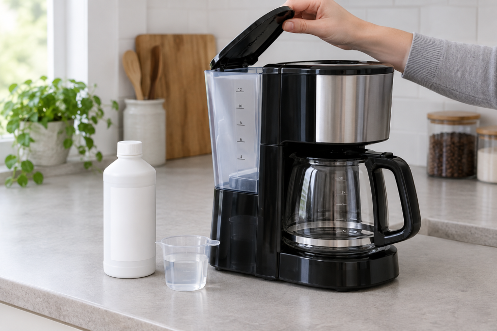 A coffee maker with its reservoir open and a descaling product beside it