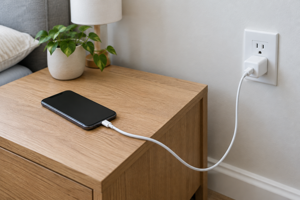 A smartphone connected by cable to a wall charger beside its adapter
