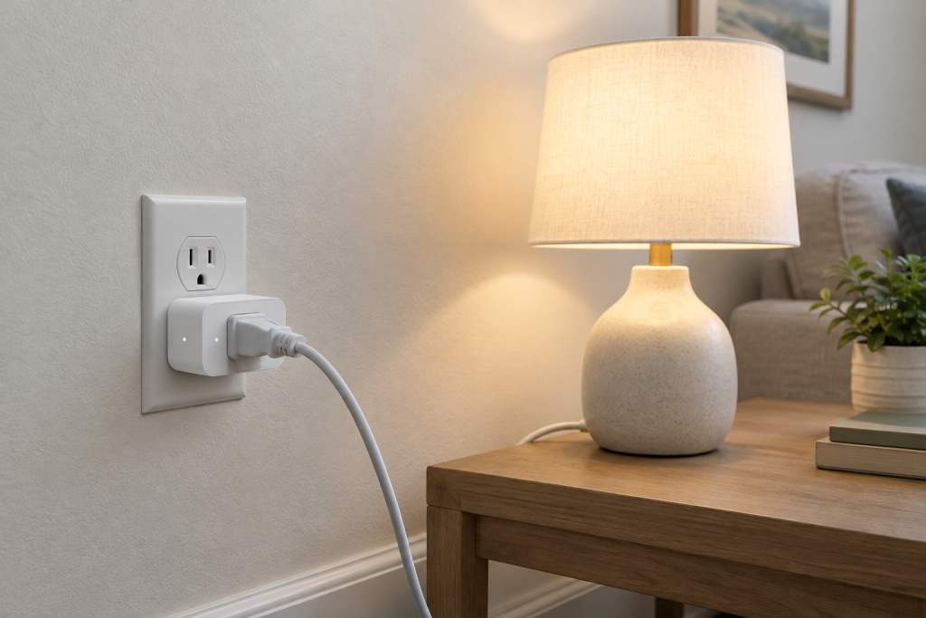 A smart plug in a wall outlet with a lamp connected to it